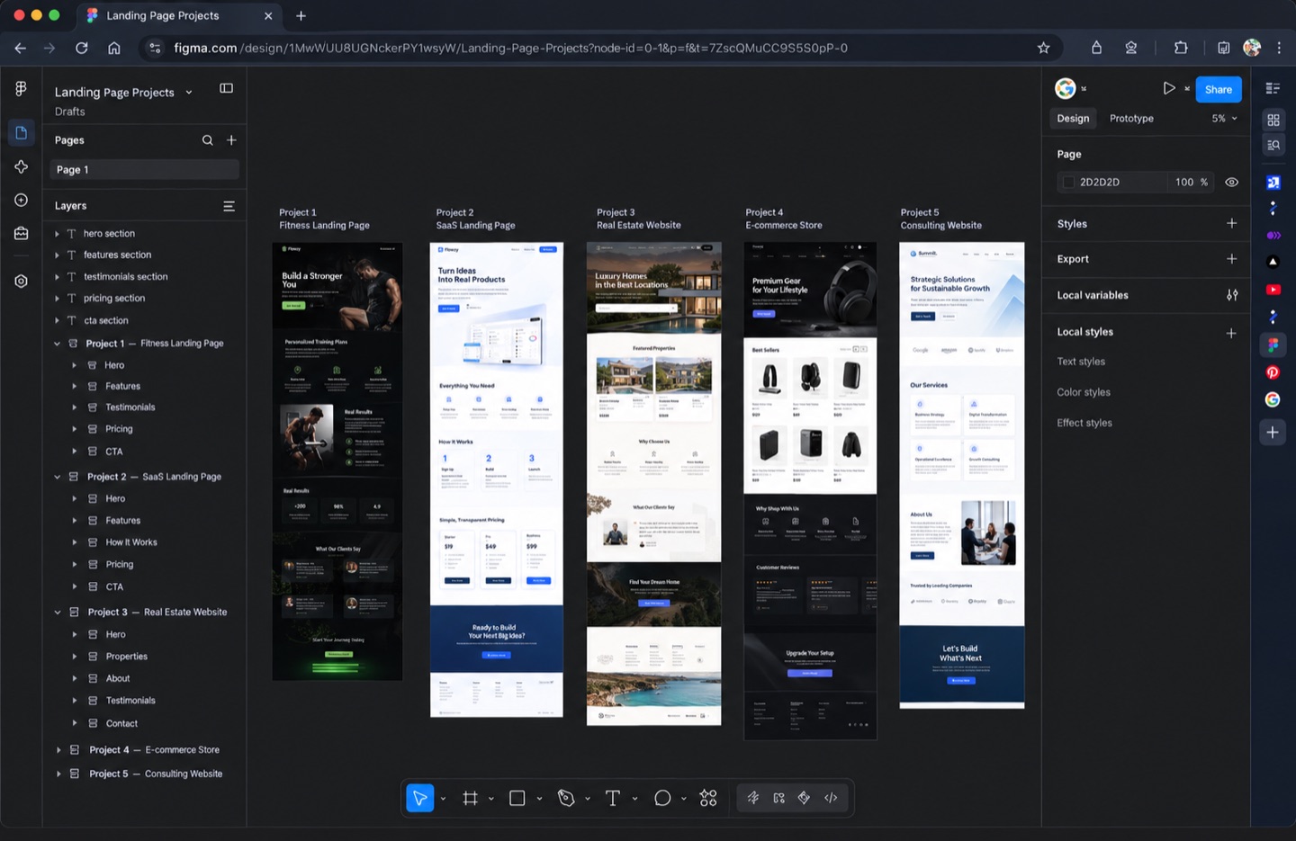 A Figma file with five landing page designs open on the canvas